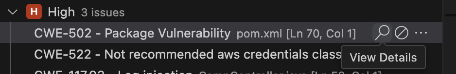 El icono de lupa de un problema de código se utiliza para abrir el panel de detalles del problema de código. Visual Studio Code