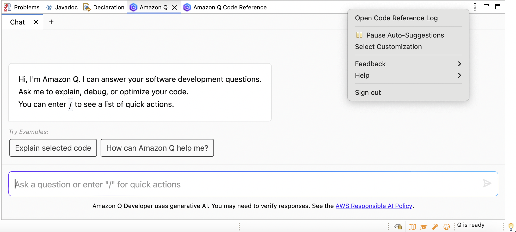 La barra de tareas de Amazon Q en un Eclipse IDE.