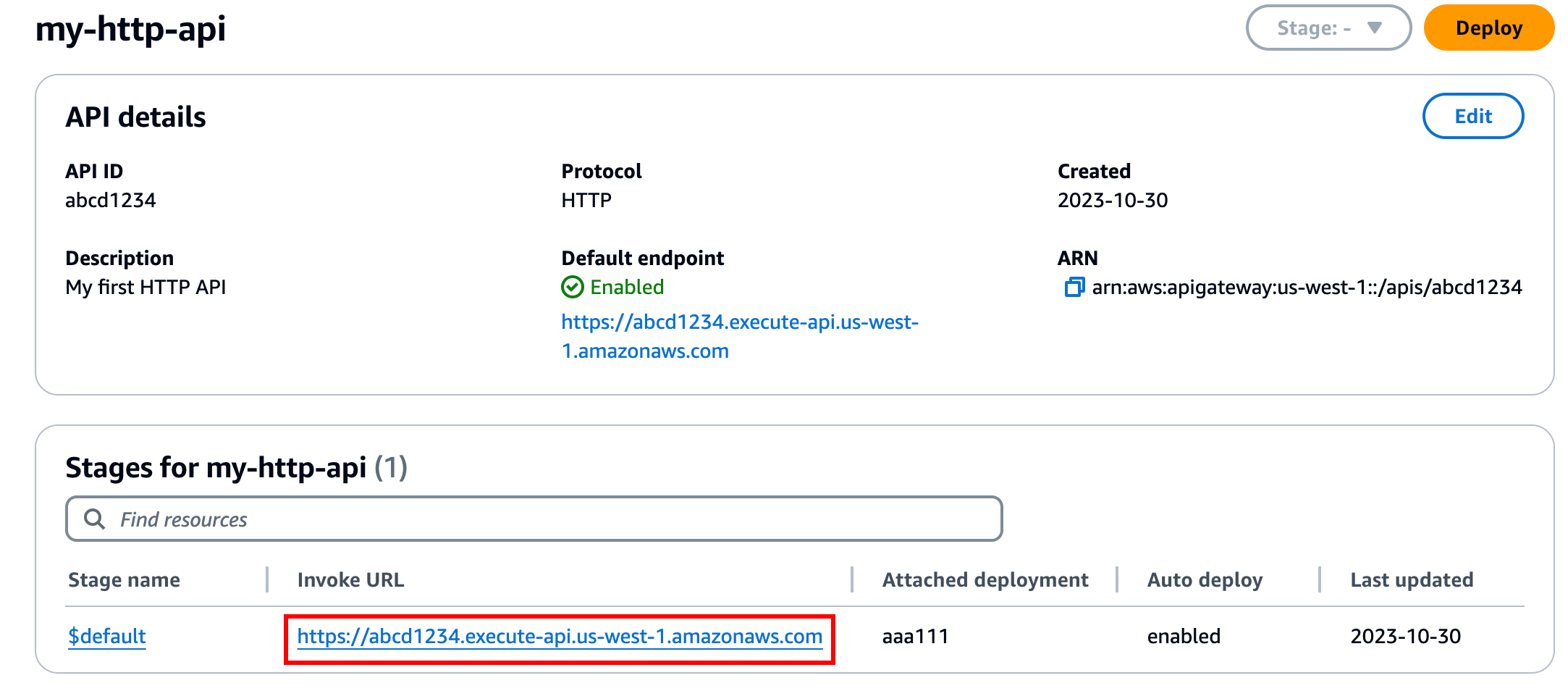 Después de crear la API, la consola muestra la URL de invocación de la API.