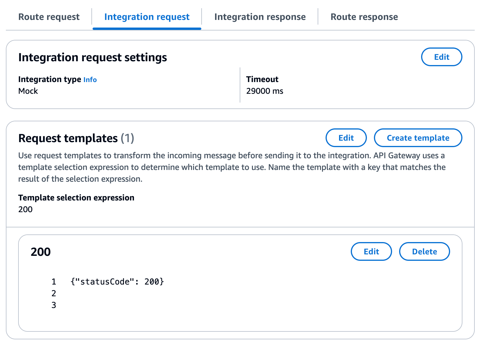 Configuración de la solicitud de integración para una integración simulada para la ruta $default.