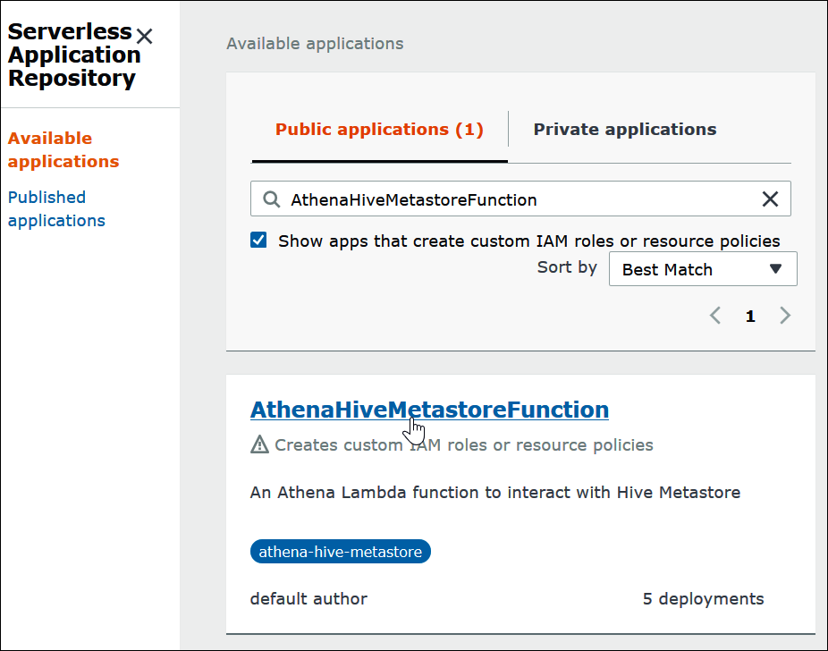 
                    Elija el nombre del conector de origen de datos de Athena para Hive.
                