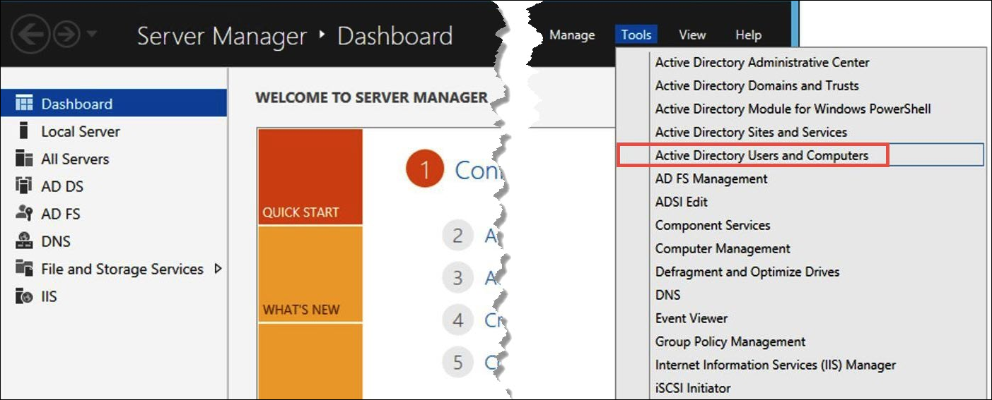 
                        Elija Tools (Herramientas), Active Directory Users and Computers (Usuarios y equipos de Active Directory).
                    