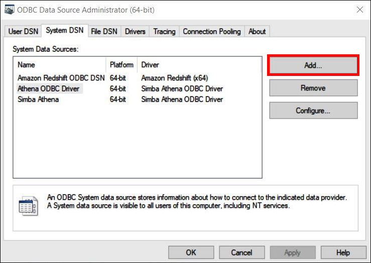 
                        Elija Add (Agregar) para agregar un origen de datos ODBC.
                    