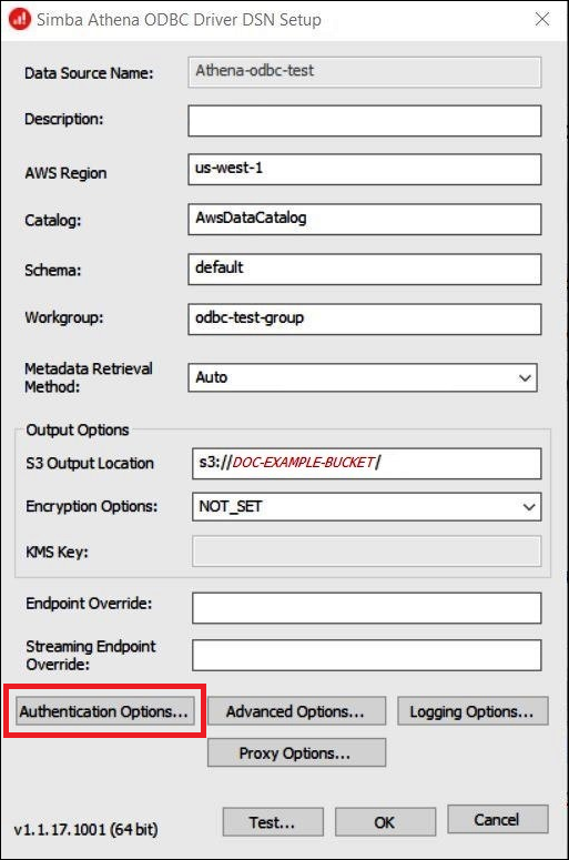 
                        Introducir los valores para Simba Athena ODBC Driver DSN Setup (Configuración de DSN del controlador ODBC Simba Athena).
                    