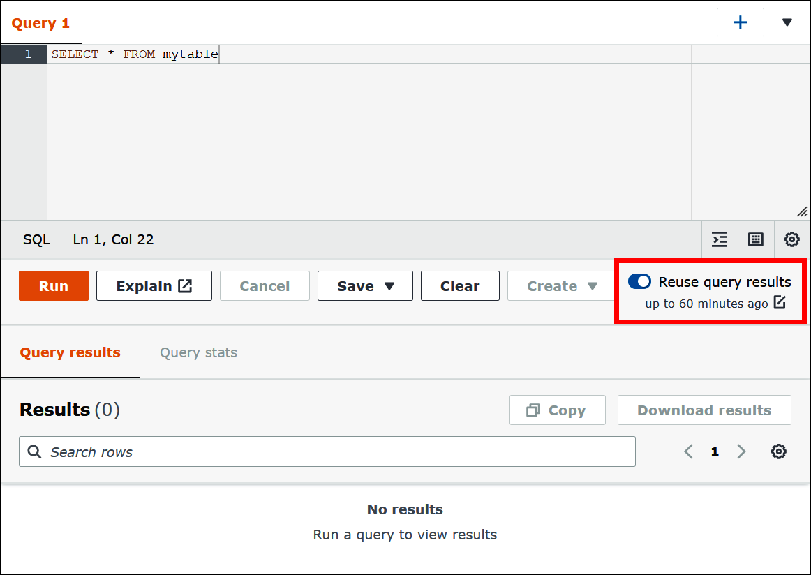 
                Habilite Reuse query results (Reutilizar los resultados de las consultas) en el editor de consultas de Athena.
            