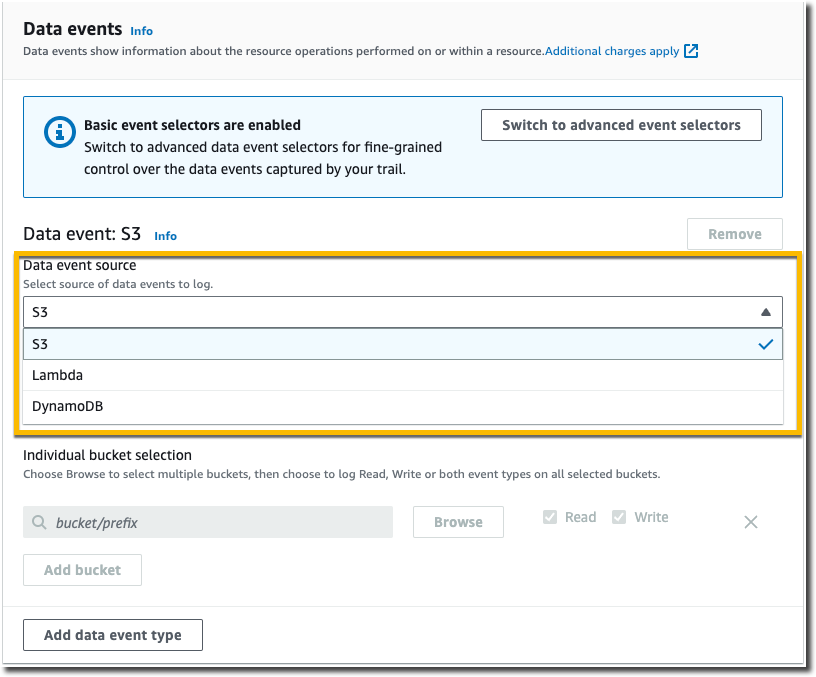 Selectores de eventos básicos para eventos de datos en un registro de seguimiento