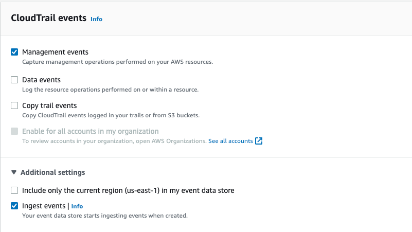Elija CloudTrail eventos para el almacén de datos de eventos