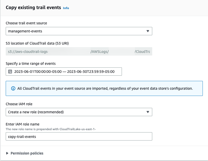 Elija opciones para copiar CloudTrail eventos