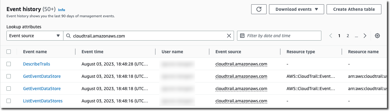 La página del historial de CloudTrail eventos se filtró según una fuente de eventos específica