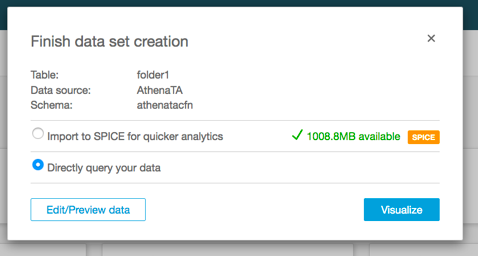 
                        Captura de pantalla de la creación de un conjunto de datos en la consola de Amazon QuickSight.
                    