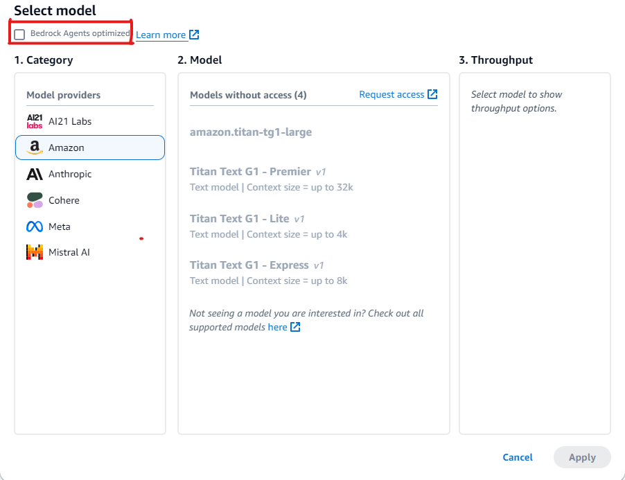Puede crear agentes con cualquier modelo fundacional. Actualmente, algunos de los modelos ofrecidos están optimizados y prompts/parsers ajustados para integrarse con la arquitectura de los agentes. Con el tiempo, tenemos previsto proporcionar una optimización para todos los modelos ofrecidos.