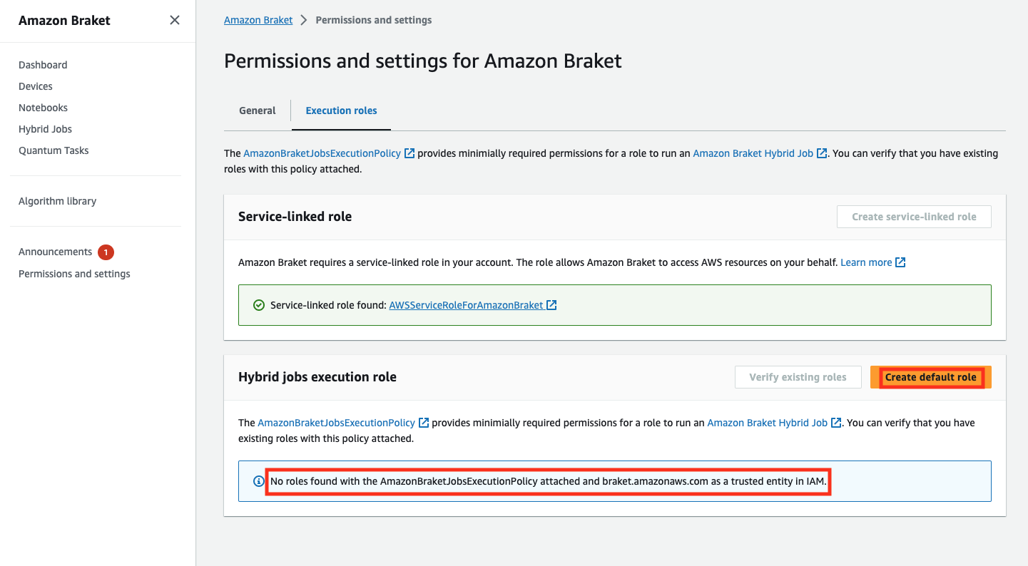 Página de permisos y configuración de Amazon Braket que muestra el rol vinculado al servicio encontrado y no se encontró ningún rol de ejecución de trabajos híbridos.