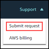 El menú Support muestra los comandos Enviar solicitud y Facturación de AWS.