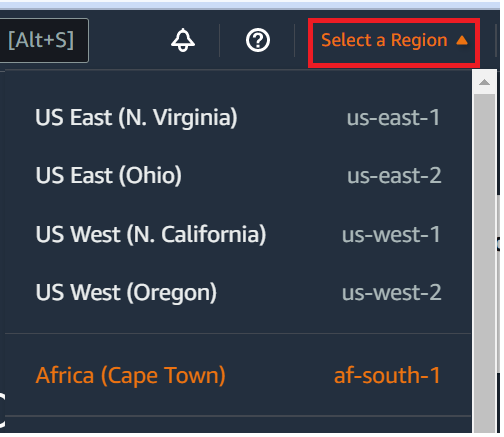 Selector de regiones en la AWS Cloud9 consola