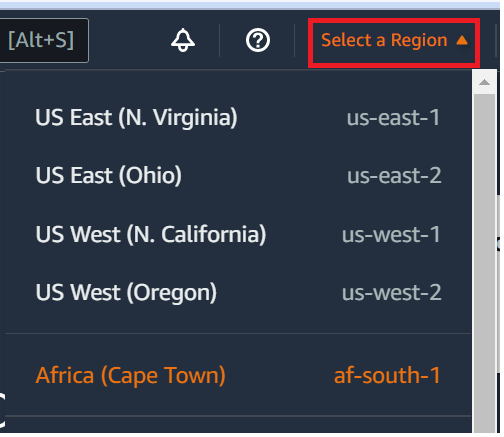 
                Selector de región de AWS en la consola de AWS Cloud9
            