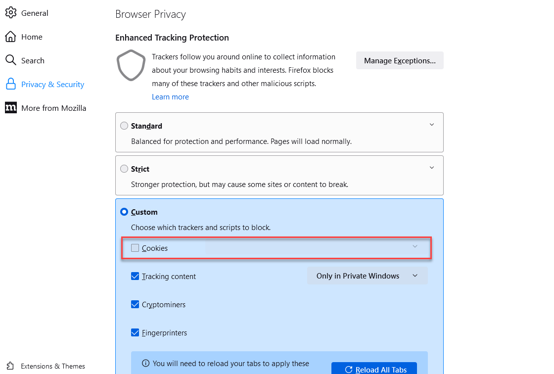 Visualización de la configuración de cookies en Firefox