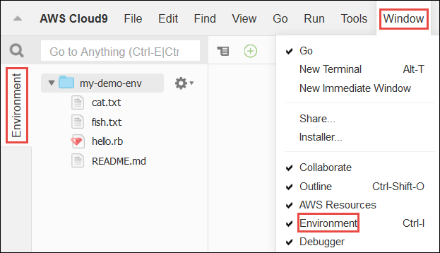 La ventana Environment (Entorno) en el IDE de AWS Cloud9