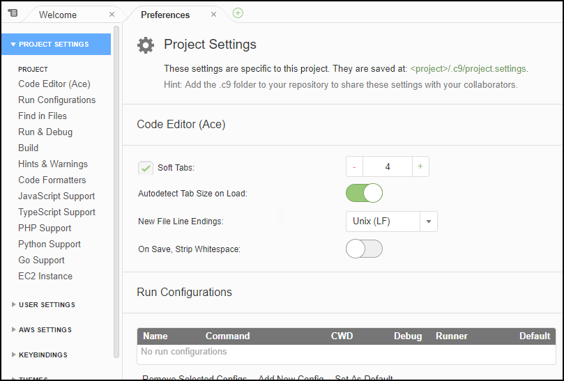 Mostrar las preferencias en el IDE de AWS Cloud9