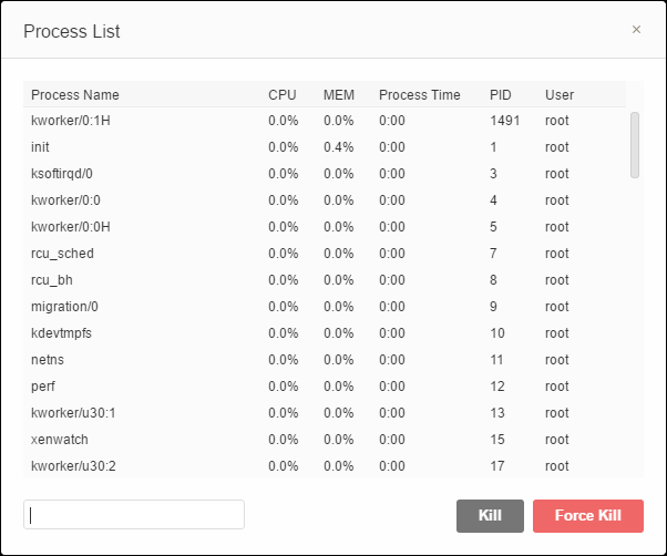 Lista de procesos en el IDE de AWS Cloud9