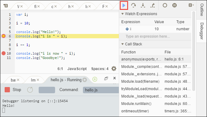 Reanudar la depuración en la ventana Debugger (Depurador)