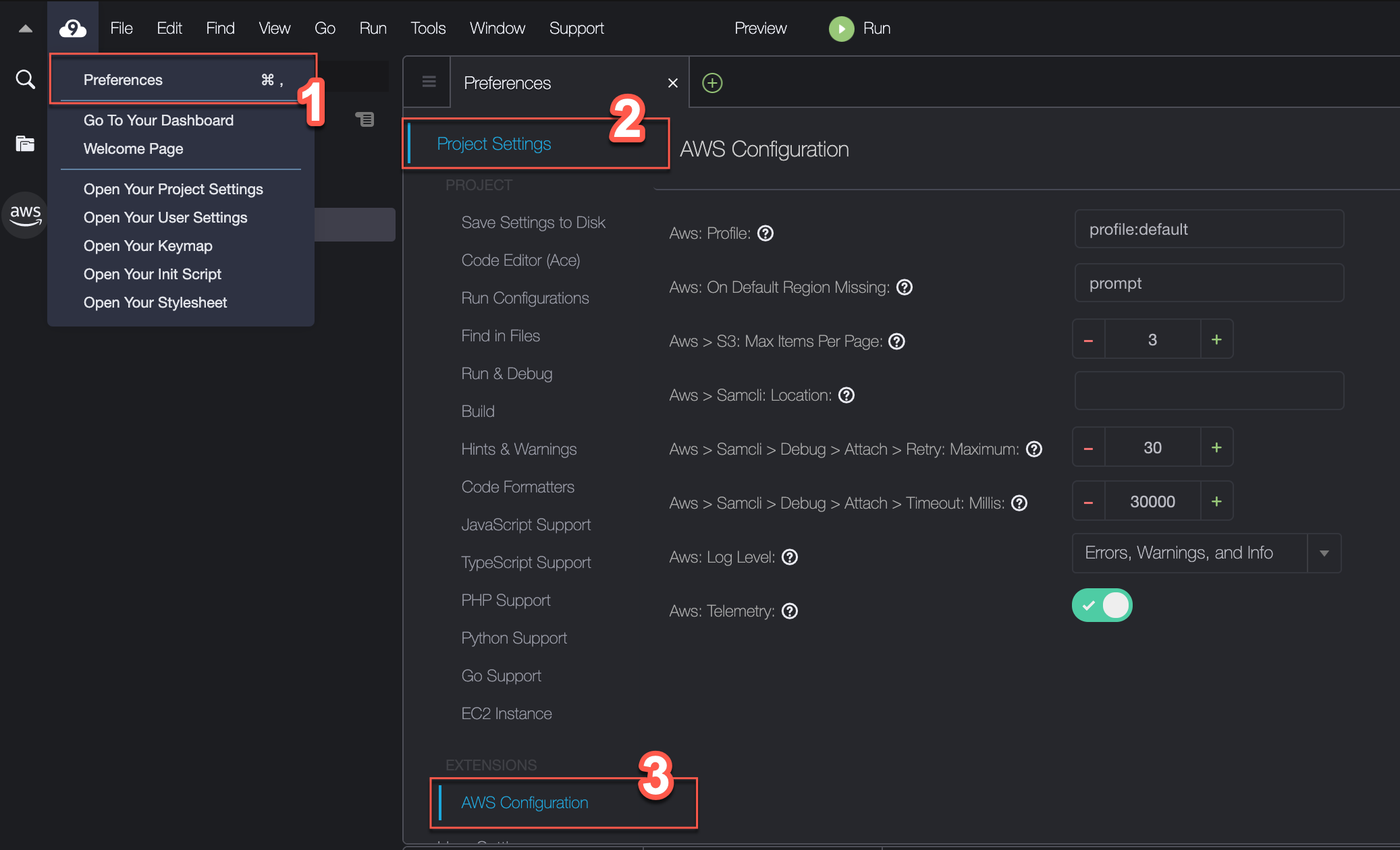 Captura de pantalla etiquetada que muestra la ubicación del menú de AWS configuración del kit de herramientas AWS