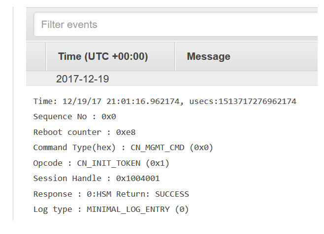 Un evento en un registro de AWS CloudHSM auditoría en CloudWatch Logs.