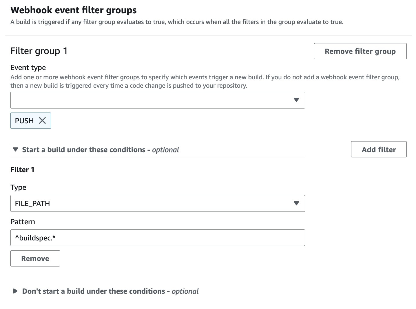 Un grupo de filtros de webhook que desencadena una compilación solo cuando se modifican archivos cuyos nombres coinciden con la expresión regular especificada.