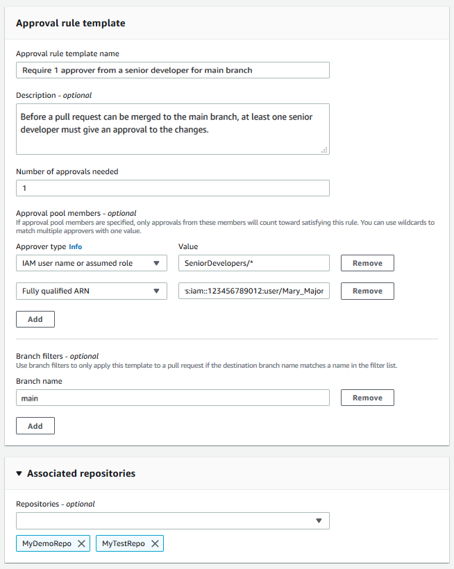 
            Una plantilla de regla de aprobación que requiere un aprobador de una regla de aprobación definida si se crea una solicitud de extracción en la ramificación principal, asociada a dos repositorios
        