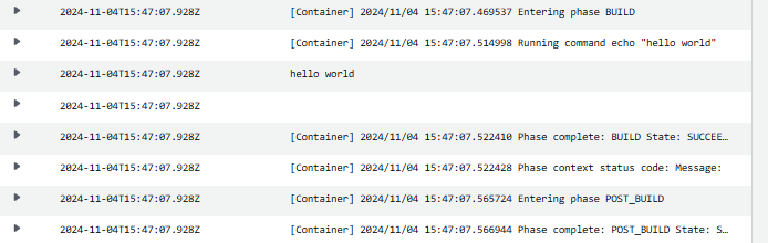 La página de registro CloudWatch de una canalización con la regla de comandos