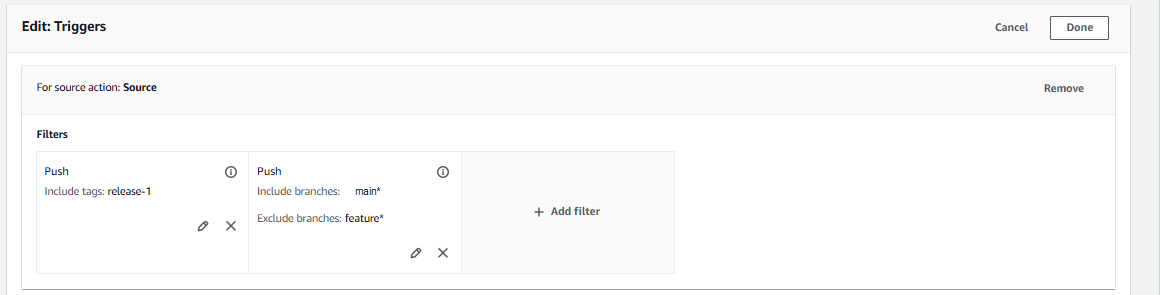 Un ejemplo de configuración de activación con un tipo de filtro push que incluye la etiqueta release-1 y un tipo de filtro push que incluye la ramificación* principal y excluye las ramificaciones feature*