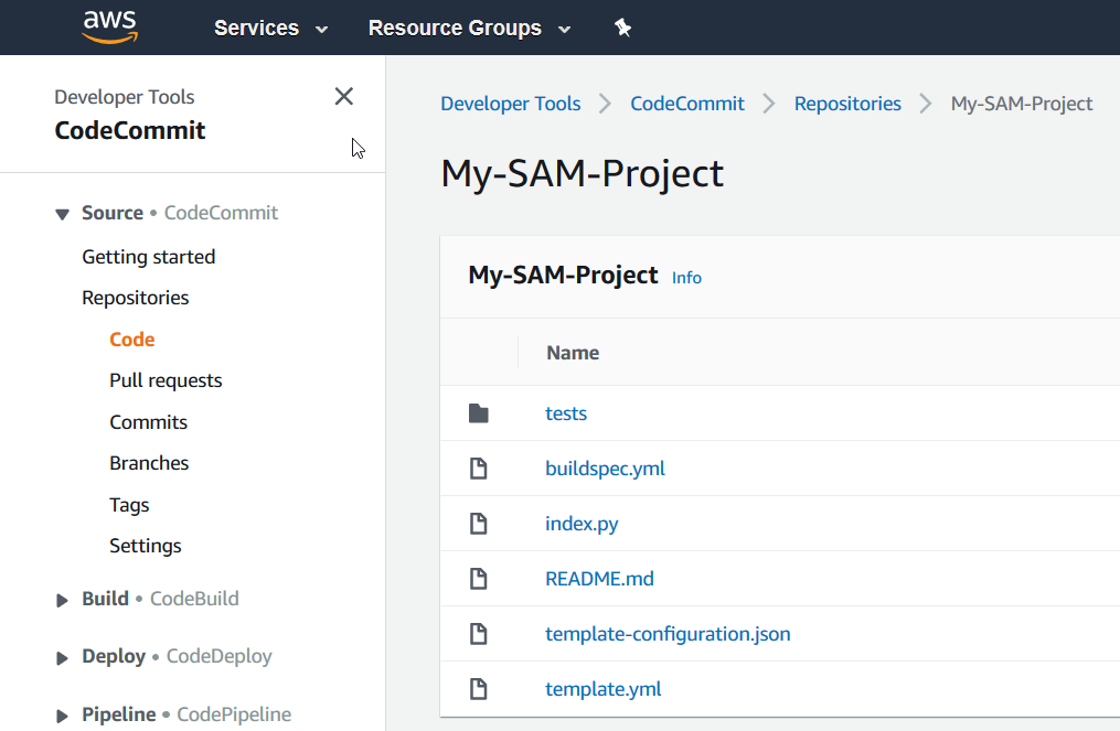 Los archivos de código fuente del proyecto en CodeCommit