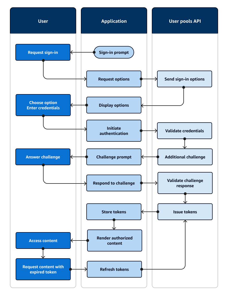 Un diagrama de flujo que muestra una aplicación que solicita al usuario que introduzca datos e inicia sesión con un AWS SDK.