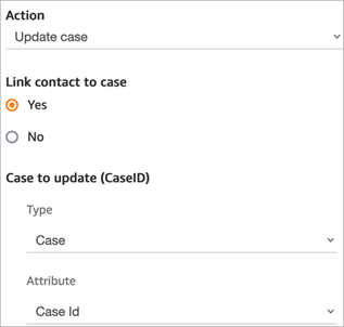 El bloque Actualizar caso, con la opción Vincular contacto a caso establecida a Sí, Tipo establecido a Caso, Atributo establecido a ID de caso.