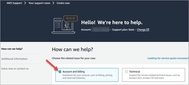 La opción de cuenta y facturación de la página Crear un caso.
