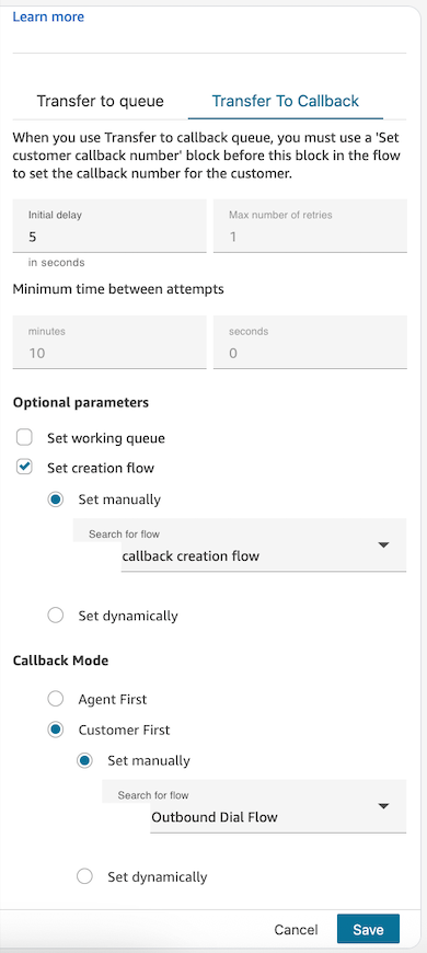 configure un bloque de flujo de transferencia a cola configurando un flujo de creación de devolución de llamada y un flujo de marcado saliente.
