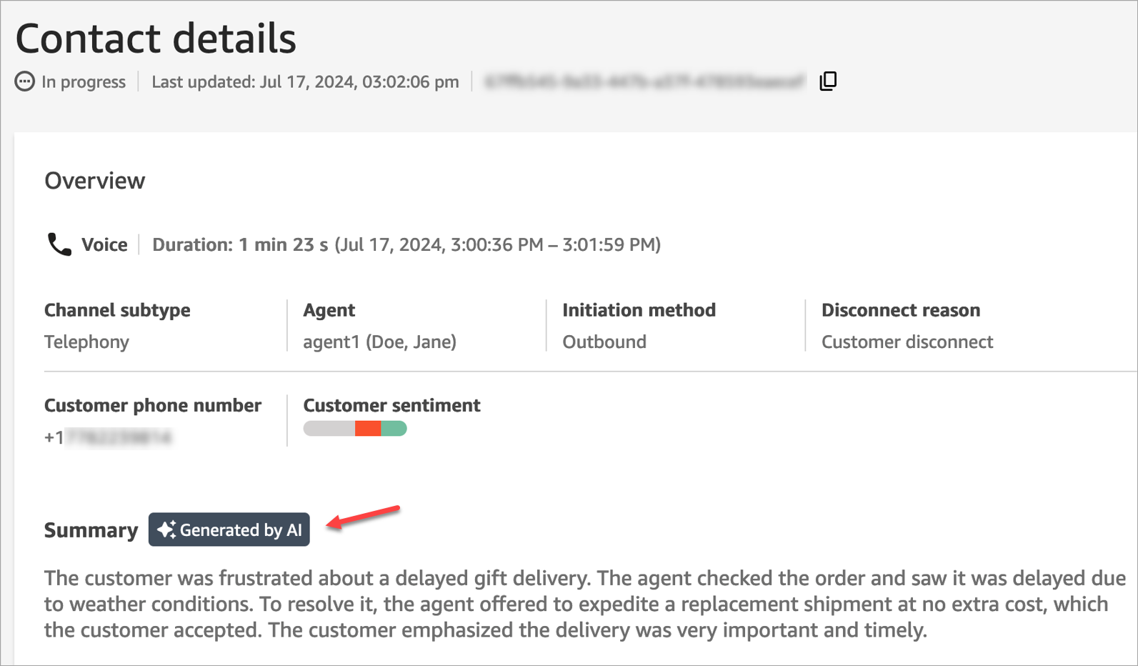 Contact details page showing a post-contact summary generated by AI. (AI generated)