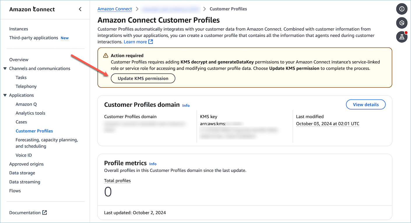 Pulse el botón Actualizar permiso de KMS para conceder permisos de KMS para la función vinculada al servicio de su instancia de Amazon Connect.