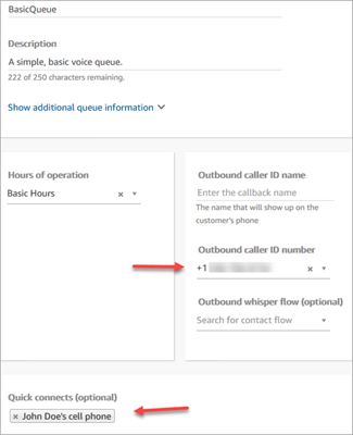 La página Editar cola, la conexión rápida para el número de teléfono móvil de John Doe.