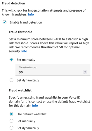 La sección Detección de fraudes del bloque Establecer ID de voz.