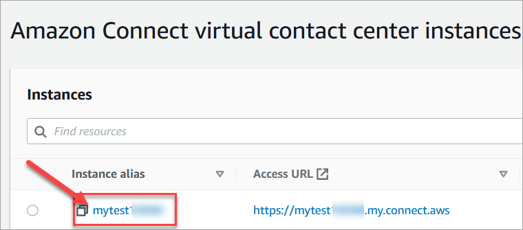 Página de instancias del centro de contacto virtual de Amazon Connect, el alias de su instancia.