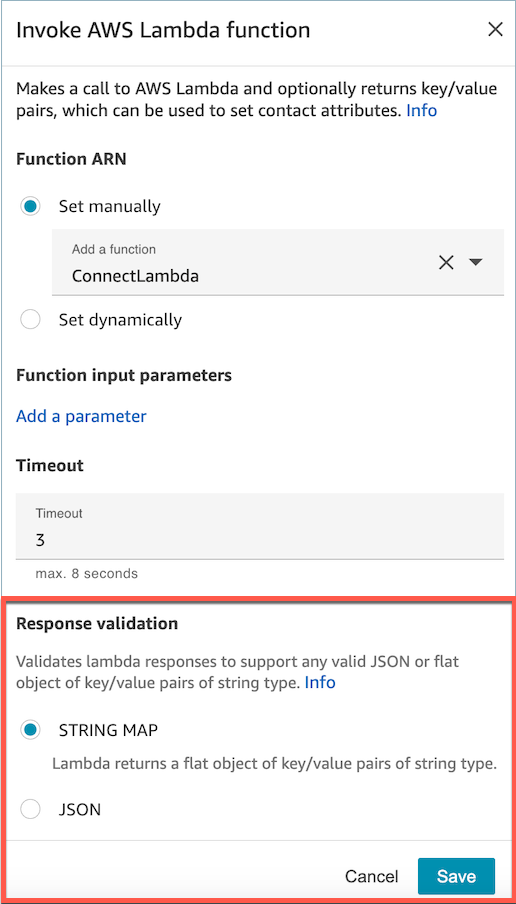 
                El bloque de flujo de invocación de la función de AWS Lambda que destaca la utilización de un mapa de cadenas o json.
            