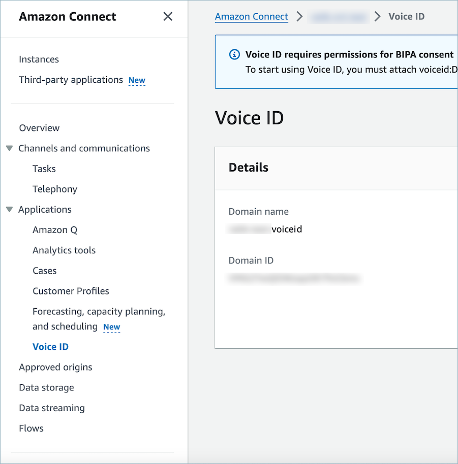 La sección Voice ID de la consola de Amazon Connect, ID de dominio.