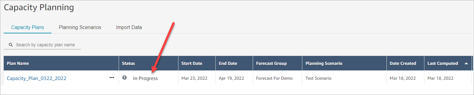 La página de planificación de capacidad, la columna Estado está establecida a En curso.