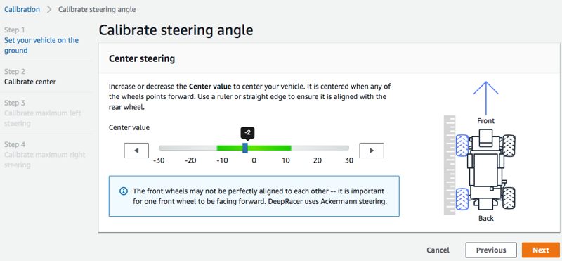 
                            Imagen: calibrar el centro de la dirección del vehículo de AWS DeepRacer.
                        