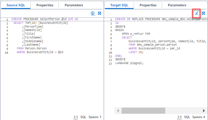 Conversión de esquemas: edite el SQL de destino