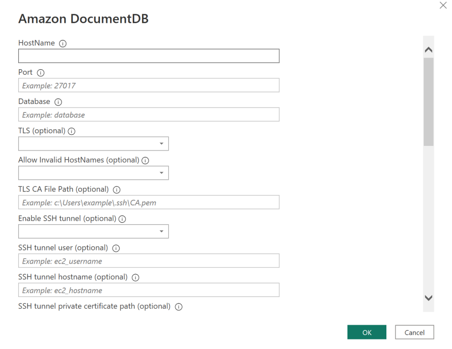 Formulario con campos de entrada de detalles de conexión para un clúster de Amazon DocumentDB.