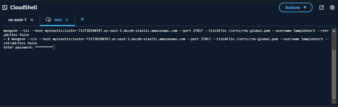 CloudShell Pantalla de clúster que solicita la contraseña del usuario