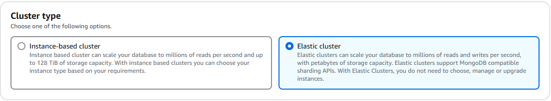 Cuadro de diálogo de tipo clúster de clúster elástico que muestra una selección de clústeres basados en instancias y clústeres elásticos.