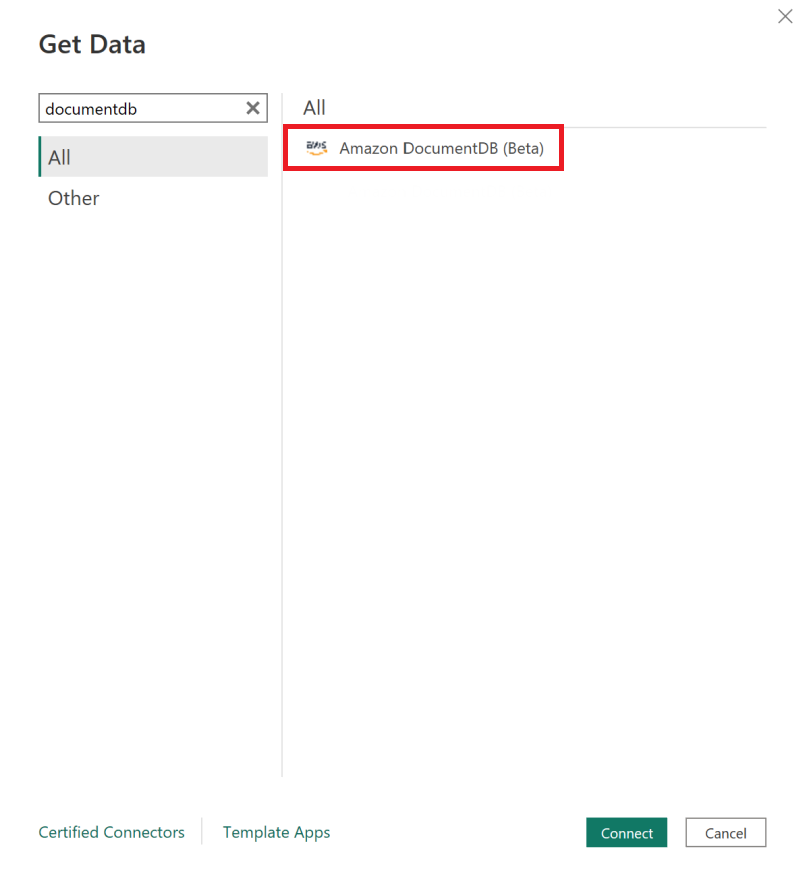 La opción Get Data interface with Amazon DocumentDB (Beta) está resaltada.