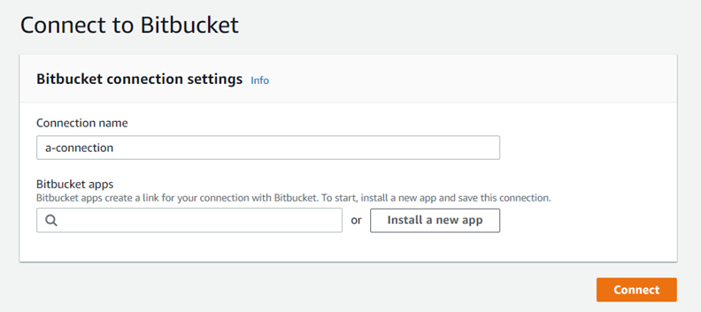 Captura de pantalla de la consola que muestra el cuadro de diálogo “Connect to Bitbucket” (Conectarse a Bitbucket) con el botón para instalar una aplicación nueva.